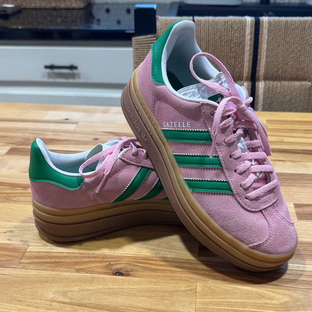 Adidas Gazelle Bold Pink and Green Suede Sneakers
